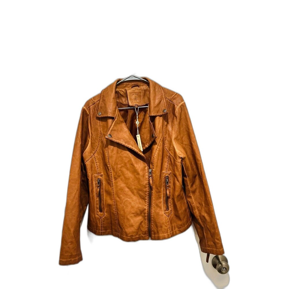 NWT Max Studio Jacket Brown Faux Leather Moto Zip-Up Distressed Women's Size XL